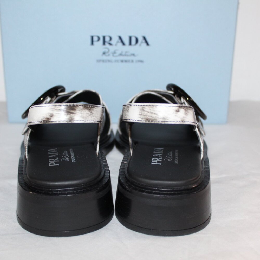 NWB PRADA Brushed Leather Slingback Buckle Black Print Sandals 39.5 - Picture 7 of 9
